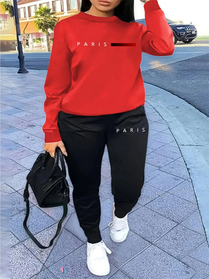Women's autumn and winter hip-hop casual street fashion Paris letter printed round neck sports shirt+sports pants warm suit