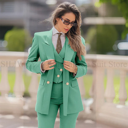 Elegant Women Suit 3 Piece Jacket Vest Pants Double Breasted Female Clothing Smart Formal Office Banquet Lady's Blazers Sets