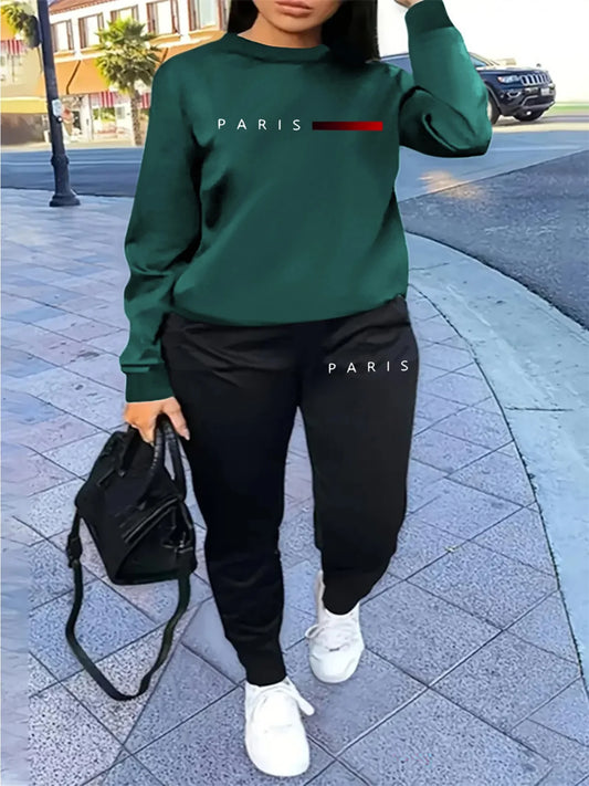 Women's autumn and winter hip-hop casual street fashion Paris letter printed round neck sports shirt+sports pants warm suit