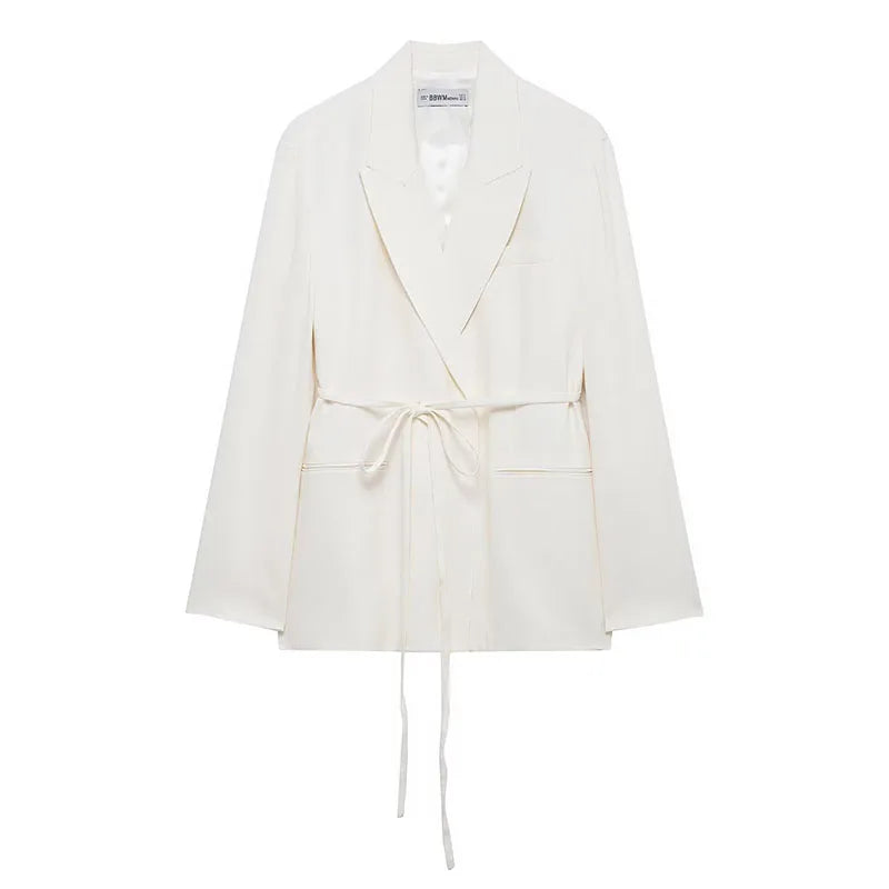 HH Women Spring Fashion Suits White Turn-Down Collar Long Sleeves Lace-Up Blazers+High Waist Zipper Long Pants Female Sets