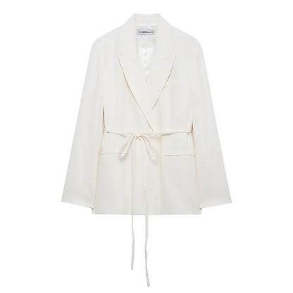 HH Women Spring Fashion Suits White Turn-Down Collar Long Sleeves Lace-Up Blazers+High Waist Zipper Long Pants Female Sets