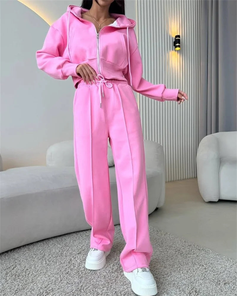 2025 Women's Cotton Hoodies Sweatshirt Two-piece Suit Casual Sports Sets High-waist Short Jacket Straight Trousers 2-piece Sets