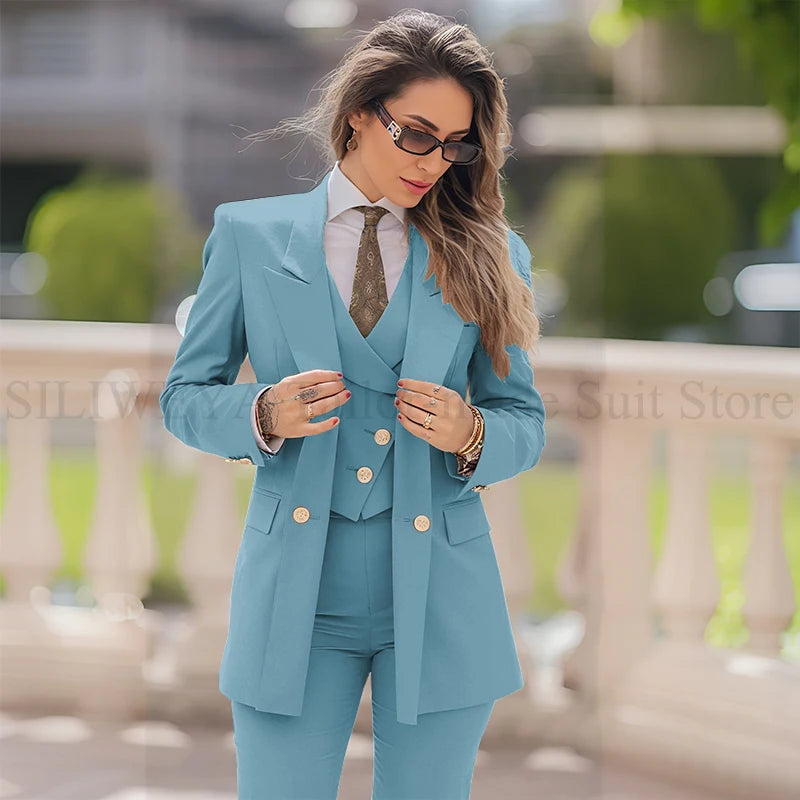 Elegant Women Suit 3 Piece Jacket Vest Pants Double Breasted Female Clothing Smart Formal Office Banquet Lady's Blazers Sets