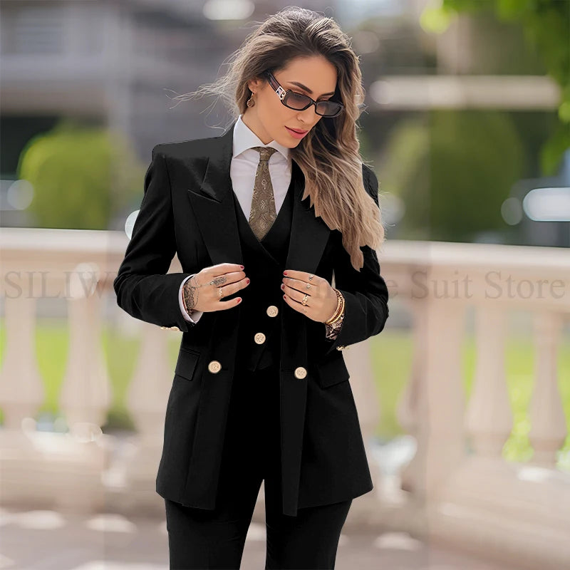 Elegant Women Suit 3 Piece Jacket Vest Pants Double Breasted Female Clothing Smart Formal Office Banquet Lady's Blazers Sets