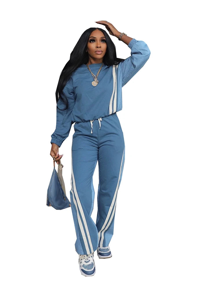 Sweatsuits for Woman 2025 Fall Sports Fashion Color Block Stripe Full Sleeve Sweatshirt and Drawstring Long Pants 2 Piece Sets