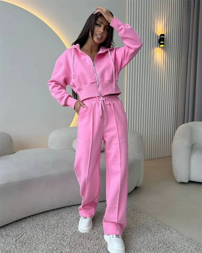 2025 Women's Cotton Hoodies Sweatshirt Two-piece Suit Casual Sports Sets High-waist Short Jacket Straight Trousers 2-piece Sets