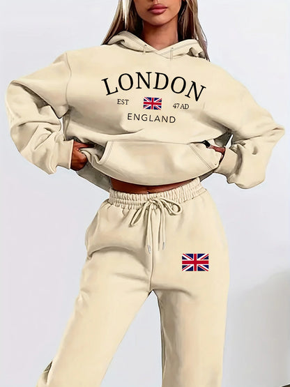 Women's autumn and winter fashion casual London England pattern print with thick fleece warm hooded sweatshirt+sports pants set