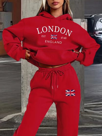 Women's autumn and winter fashion casual London England pattern print with thick fleece warm hooded sweatshirt+sports pants set
