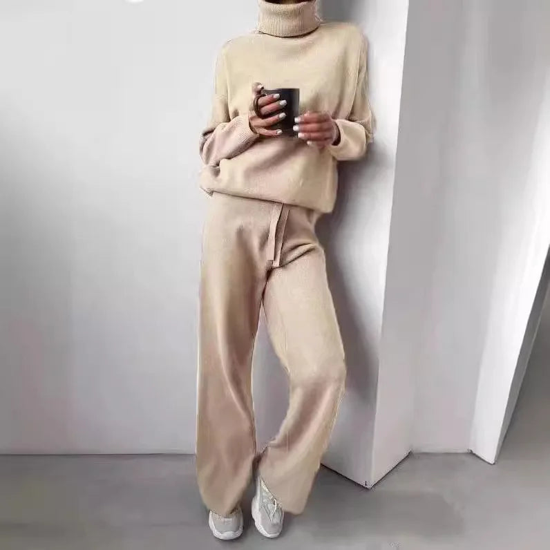 Women's  Wool Knitted Sweater Set Lady Fashion High Neck Soft Warm Winter Autumn Tracksuit