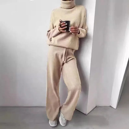 Women's  Wool Knitted Sweater Set Lady Fashion High Neck Soft Warm Winter Autumn Tracksuit
