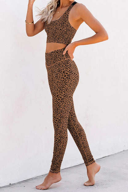 Women Brown Cheetah Print Sport Bra Pants Set
