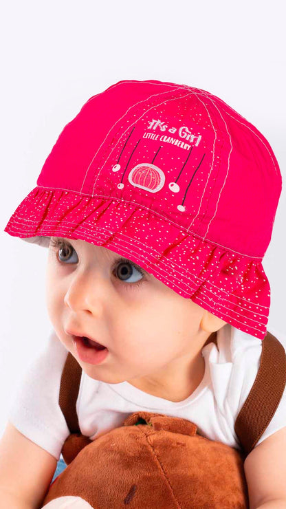 Infant Bucket Hat, It's A Girl Cranberry Cotton Printed Babies Hat,