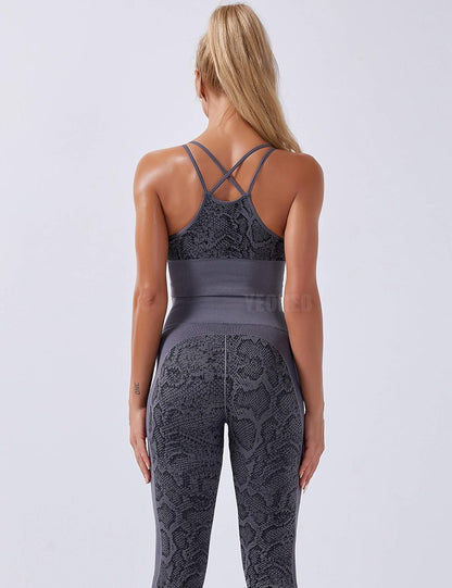 Yoga Outfit for Women Seamless 2 Piece Workout Gym High Waist Snake Print Leggings with Sport Bra Set Grey L