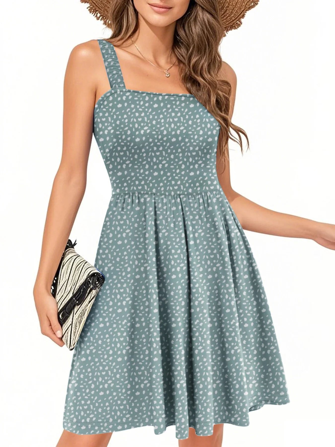 Summer Dresses for Women Sleeveless Square Neck Midi Dress Boho Floral Print Beach Sundress with Pockets