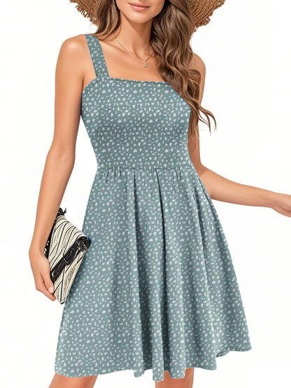 Summer Dresses for Women Sleeveless Square Neck Midi Dress Boho Floral Print Beach Sundress with Pockets