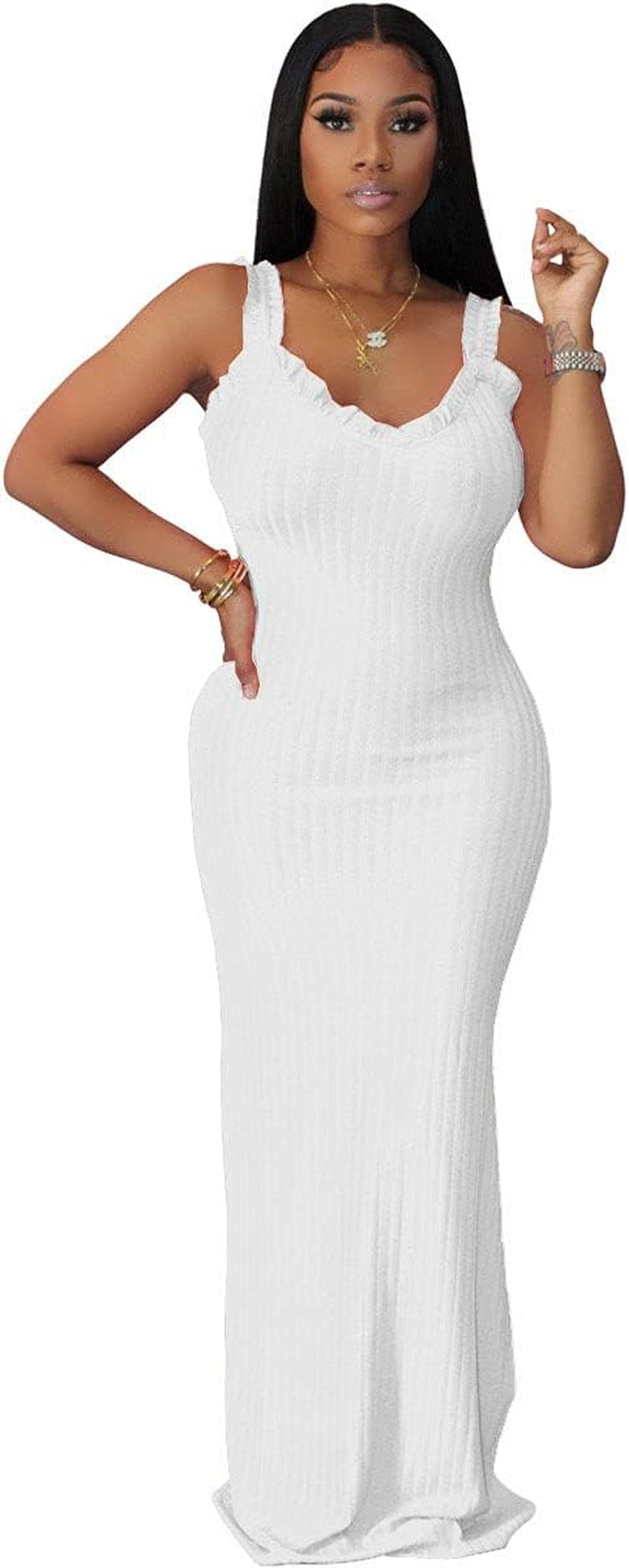 Sundresses for Women Casual Summer Sleeveless Bodycon Mermaid Long Maxi Dress White X-Large
