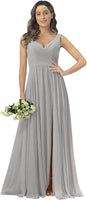 V Neck Bridesmaid Dresses for Wedding Prom Dresses with Slit Evening Party Dress Silver Grey Size 12
