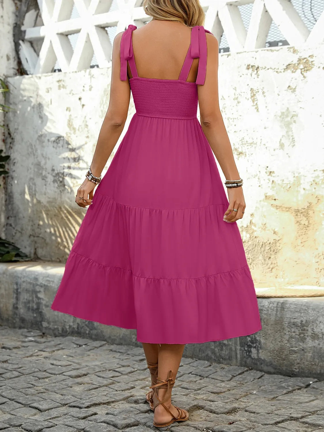 Tie Shoulder Tiered Midi Dress
