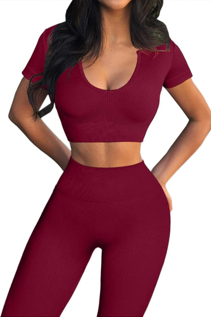 Yoga Outfits for Women Seamless 2 Piece Workout Gym High Waist Pants with Sport Crop Set Wine L