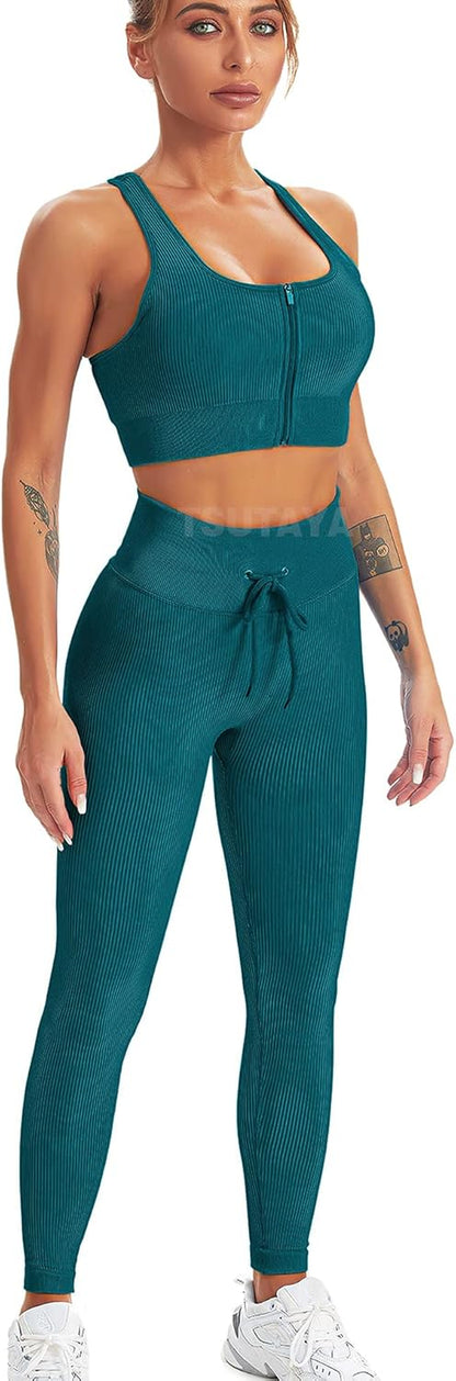 Ribbed Workout Set for Women 2 Piece Gym Outfits Zipper Bra Seamless High Waist Gym Leggings Pants Blue M