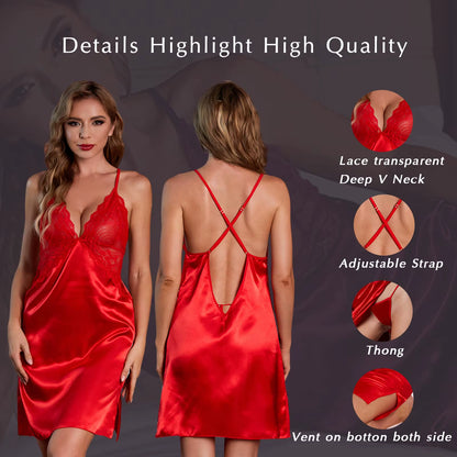 Women Straps Lingerie Dress Babydolls Nightgown Slit Chemise Negligee V-Neck Sleepwear