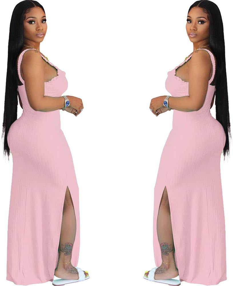 Summer Dresses for Women Sexy Bodycon Tank Dress Sleeveless Long Maxi Dresses Pink