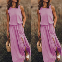 Dresses for Women 2023  Wedding Guest Dresses Casual Sleeveless O-Neck Solid Fork Opening Dress in Season Pink XL Size