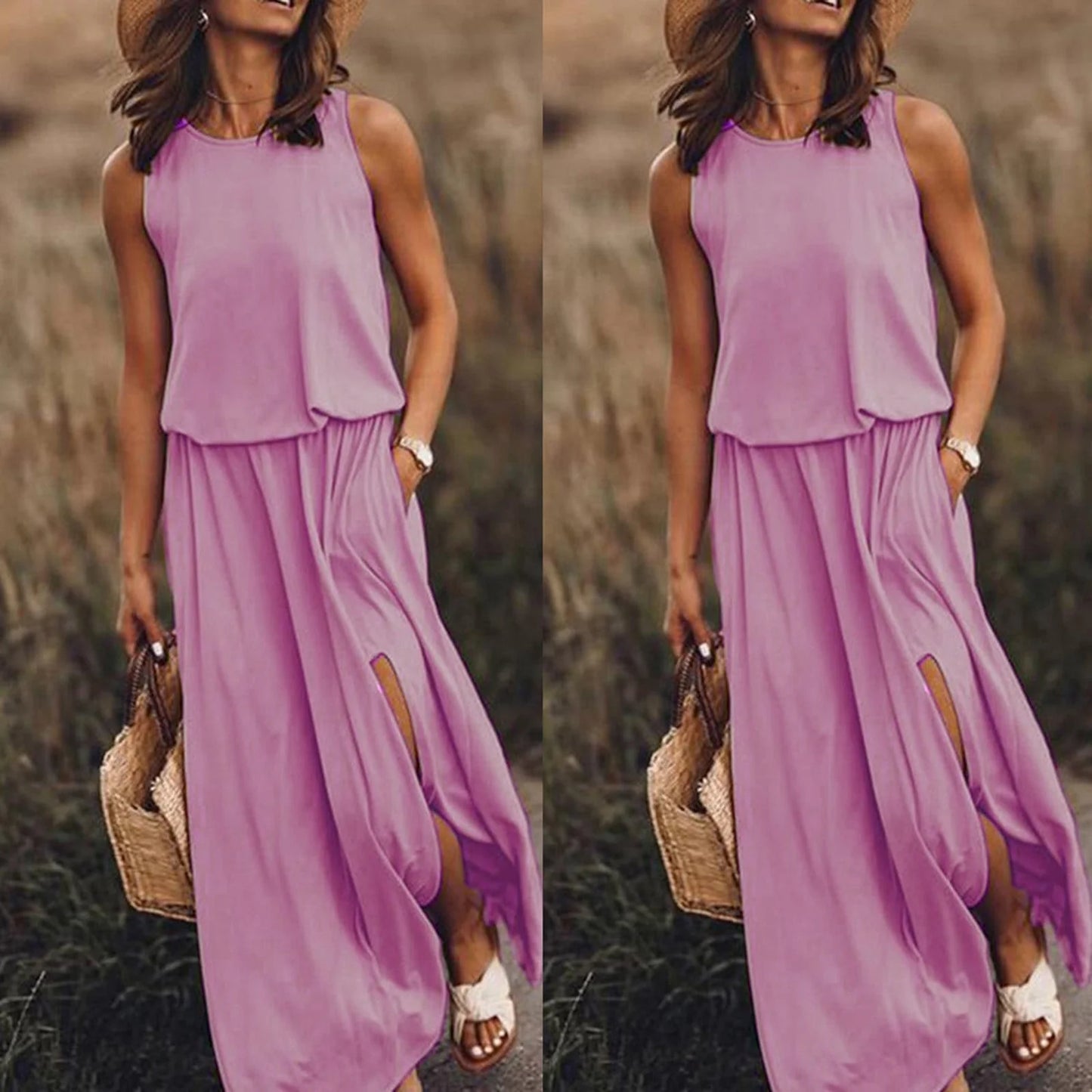 Dresses for Women 2023  Wedding Guest Dresses Casual Sleeveless O-Neck Solid Fork Opening Dress in Season Pink XL Size