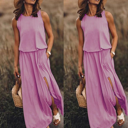 Dresses for Women 2023  Wedding Guest Dresses Casual Sleeveless O-Neck Solid Fork Opening Dress in Season Pink XL Size