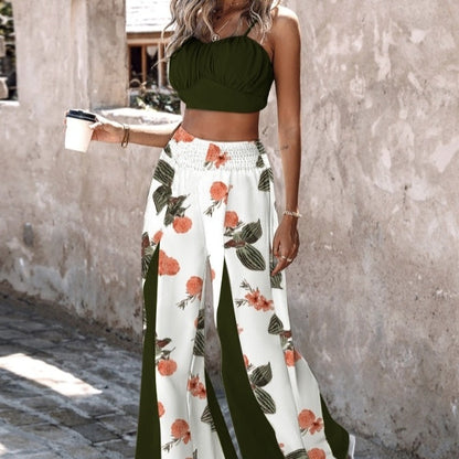 Feminine Tops Fashionable Flower Printed Contrast Color Pants