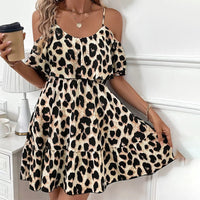 Women Sexy Leopard Print Sleeveless Dress - Flowy Spaghetti Strap Mini