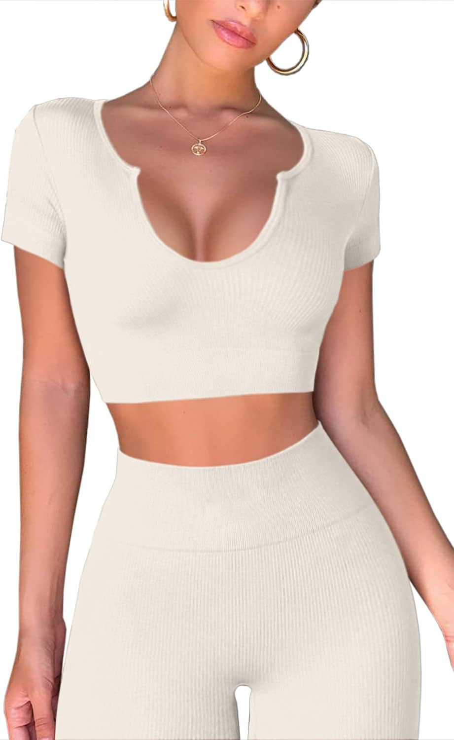 Women’S 2 Pieces Yoga Workout Outfit Seamless Sports Crop Tank High Waist Athletic Gym Leggings Sets Beige L