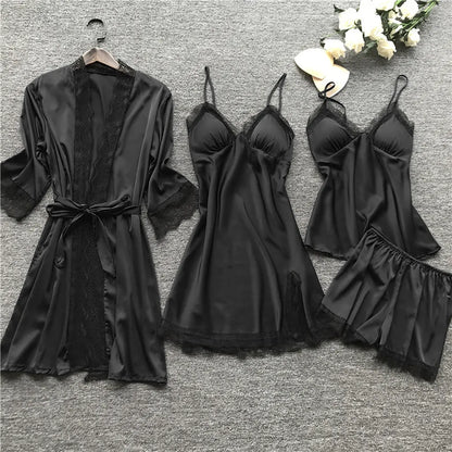 Lace Silk Pajamas Set Nightdress Sexy Lingerie Robe Women Sleepwear 4 Pieces Suits Sleeping Top and Shorts Femme Pijama Mujer Pj