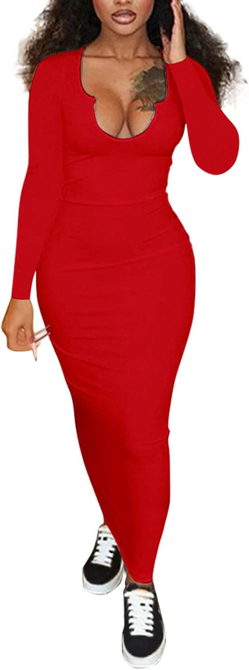 Women Bodycon Maxi Tank Dress, Sexy Deep U Neck Ribbed Solid Color Party Wrap Long Dresses