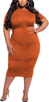 Women'S plus Size Sexy Bodycon Party Dress Solid Short Sleeve Ruched Slim Fit Dress Club Outfits Orange 2XL