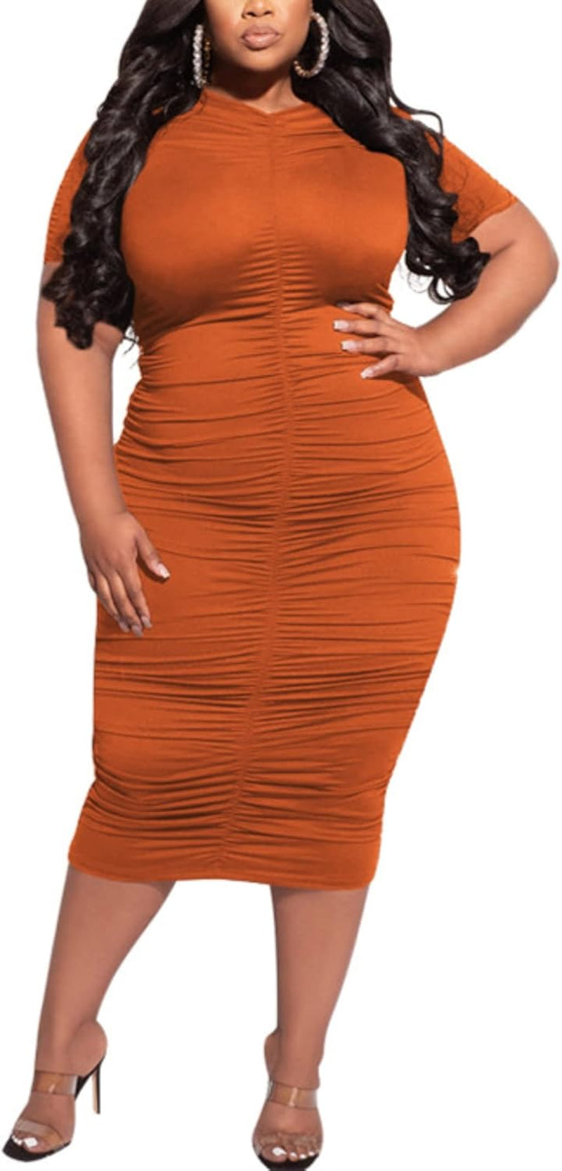 Women'S plus Size Sexy Bodycon Party Dress Solid Short Sleeve Ruched Slim Fit Dress Club Outfits Orange 2XL