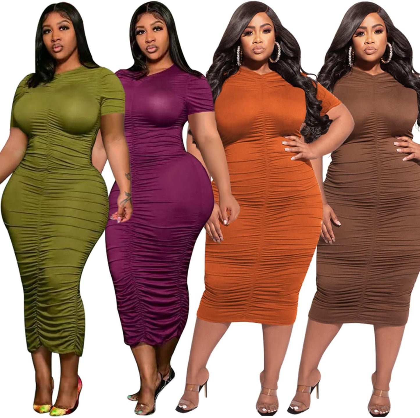 Women'S plus Size Sexy Bodycon Party Dress Solid Short Sleeve Ruched Slim Fit Dress Club Outfits Orange 2XL