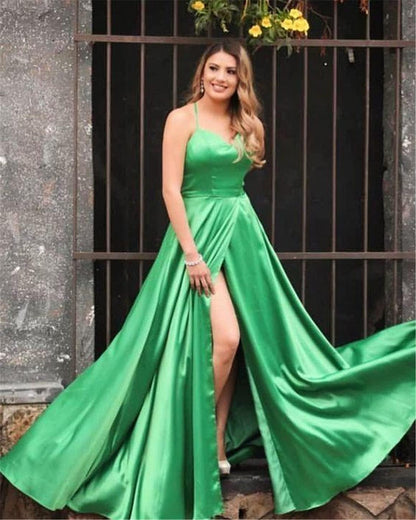 Women'S Spaghetti Straps Satin Prom Dresses with Split Long Evening Party Gown Green 08