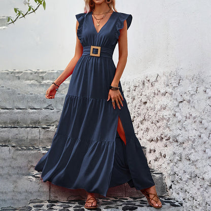 Women Solid Color Elegant V-Neck High Slit Long Skirt