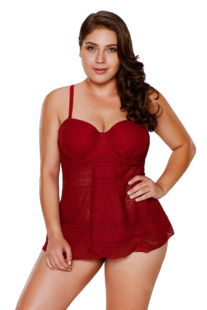 Burgundy Lace Flyaway Underwired Tankini Bathing Suit