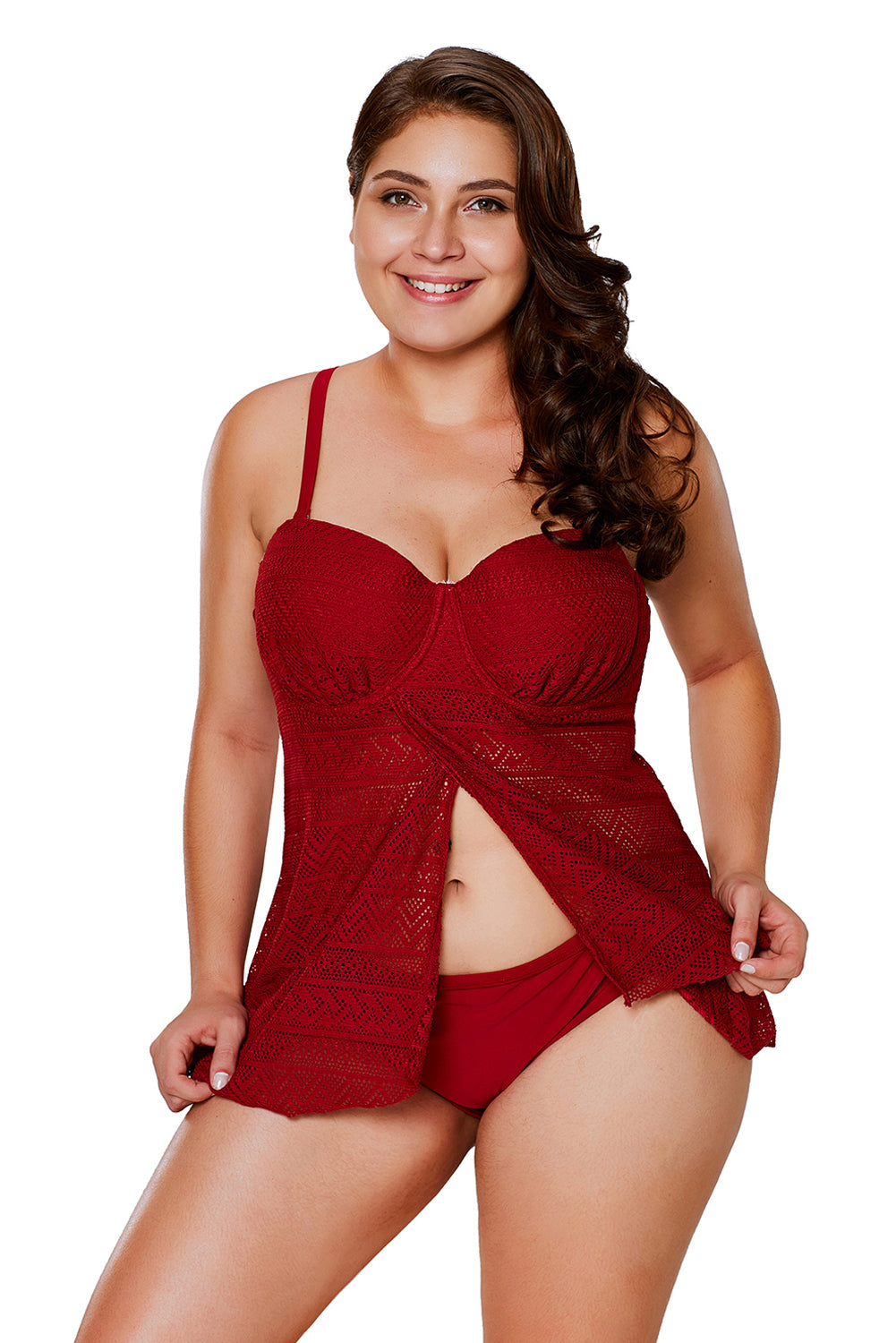Burgundy Lace Flyaway Underwired Tankini Bathing Suit