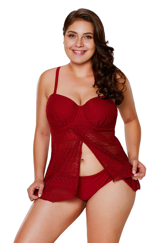 Burgundy Lace Flyaway Underwired Tankini Bathing Suit