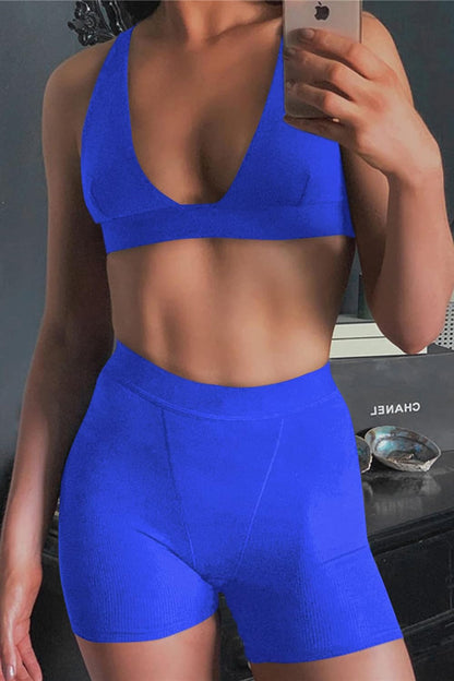 Women 2 Piece Workout Outfit Ribbed Deep V Neck Bra High Waist Bodycon Yoga Short Sets Gym Active Wear Tracksuits Blue L