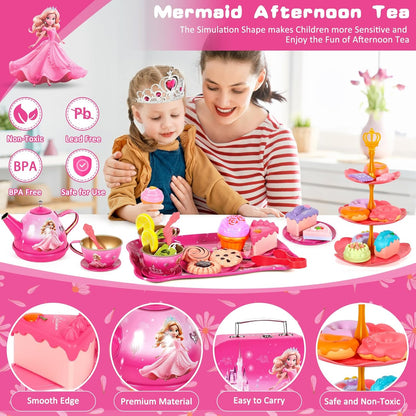 52-Piece Tea Party Set, Tea Set for Kids, Tin Teapots Set, Princesses