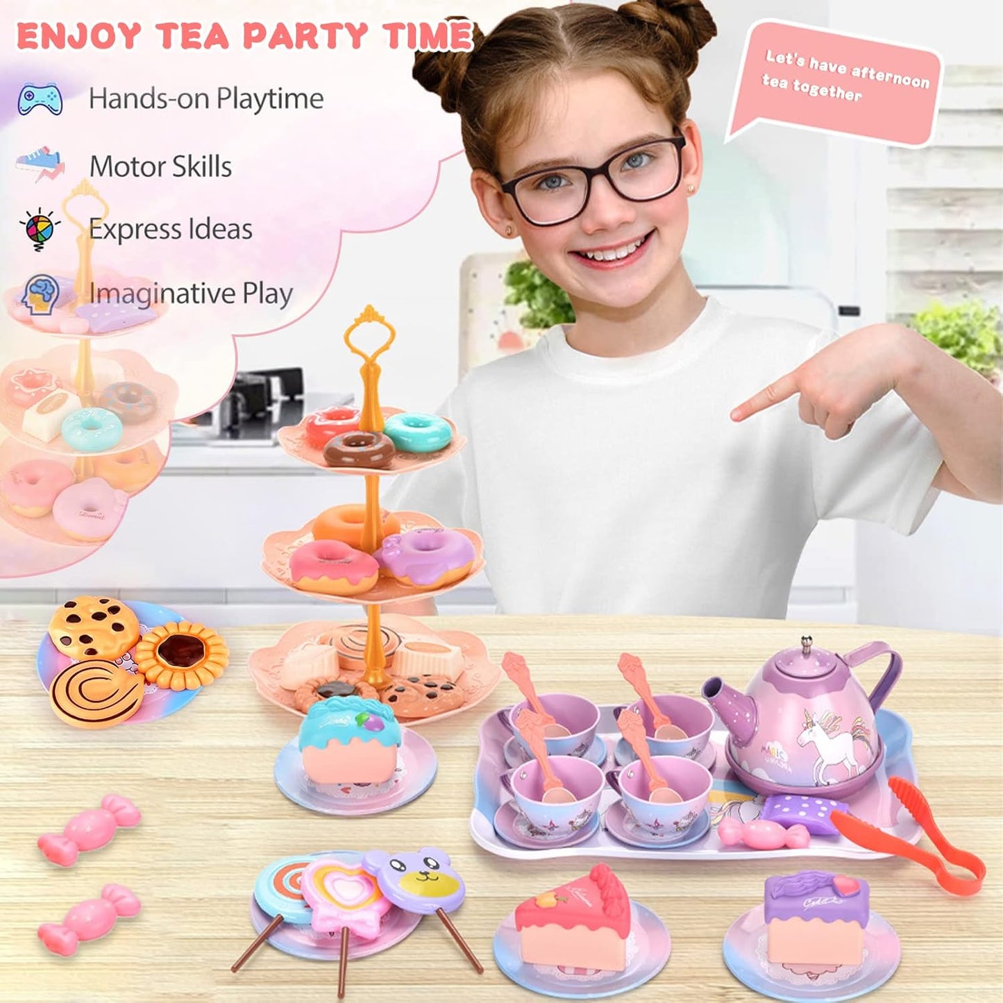 Tea Set for Kids 48 Pieces Toys Dinner for Kids Kitchen Accessories