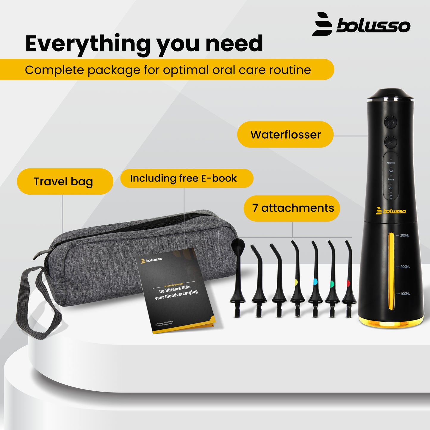 Bolusso Water Flosser - Includes 7 Attachments - Travel bag - E-book -