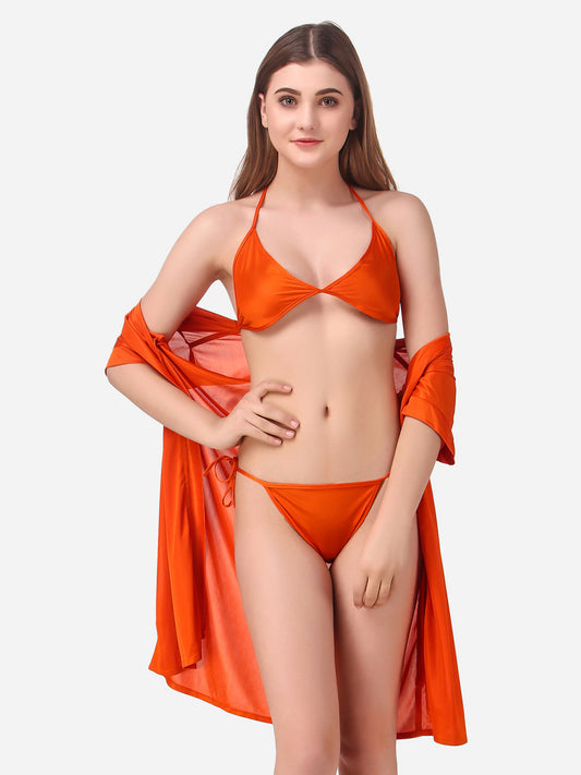 Romaisa Women's Satin Solid Orange Robe with Lingerie Set