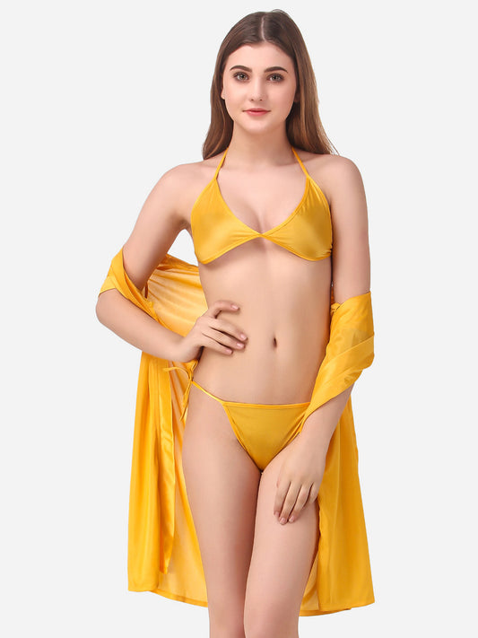 Romaisa Women's Satin Solid Yellow Robe with Lingerie Set