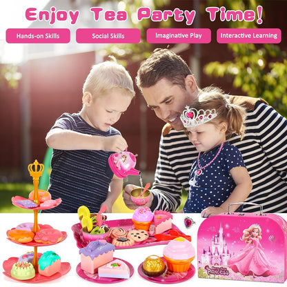 52-Piece Tea Party Set, Tea Set for Kids, Tin Teapots Set, Princesses