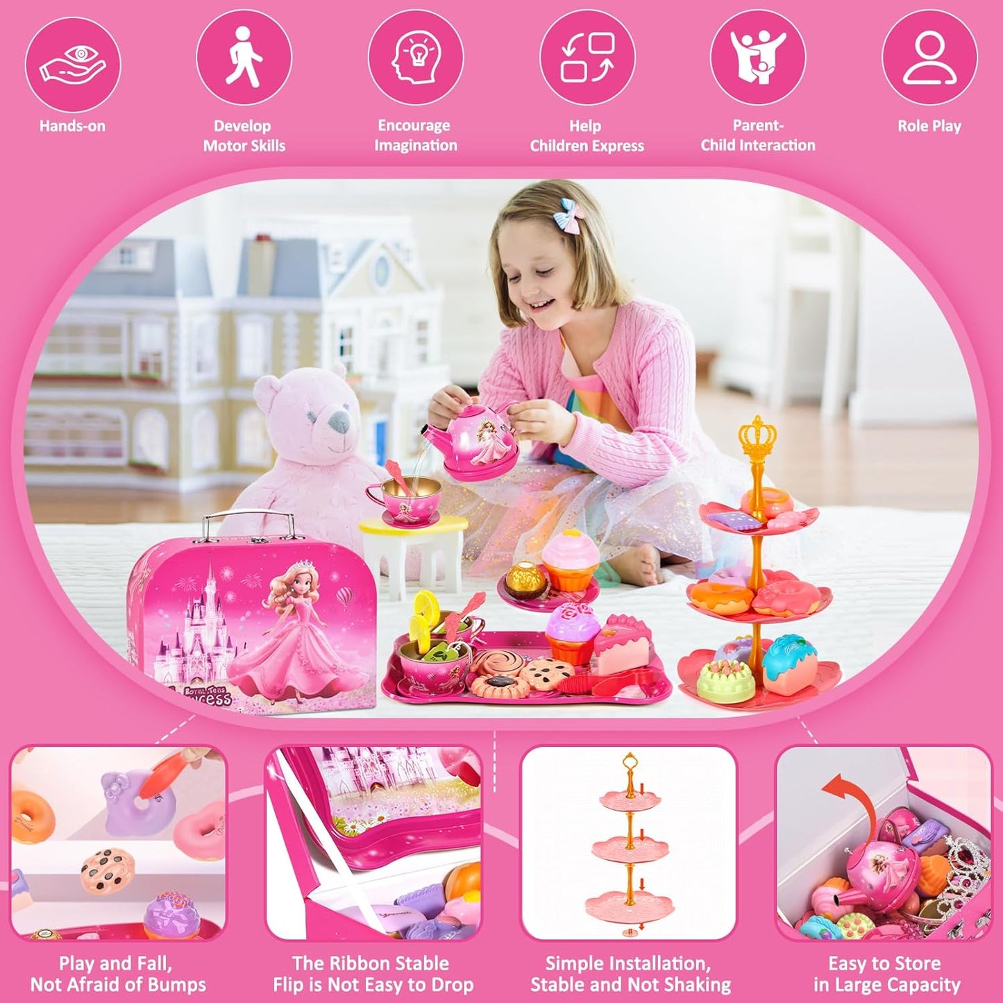 52-Piece Tea Party Set, Tea Set for Kids, Tin Teapots Set, Princesses